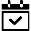 Black calendar icon with a check mark on a white background