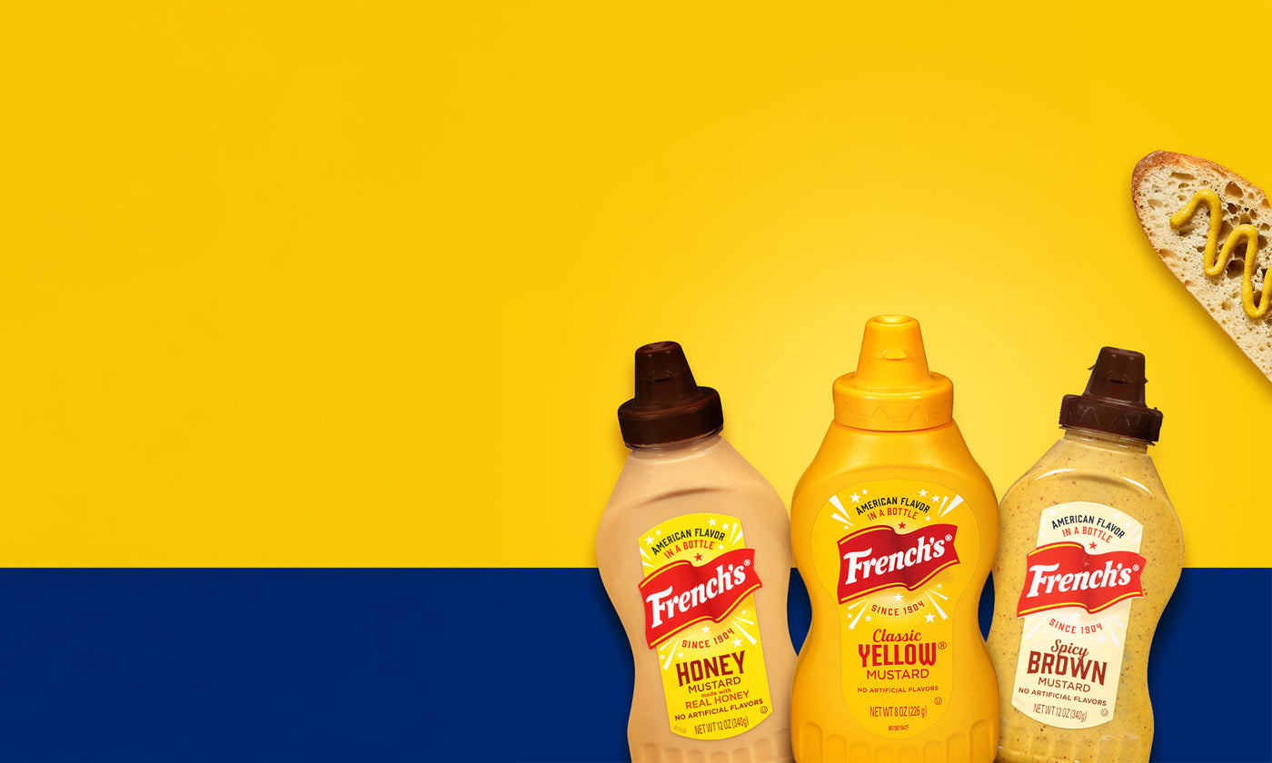 Three bottles of French’s Honey Mustard, Classic Yellow Mustard, and Spicy Brown Mustard.