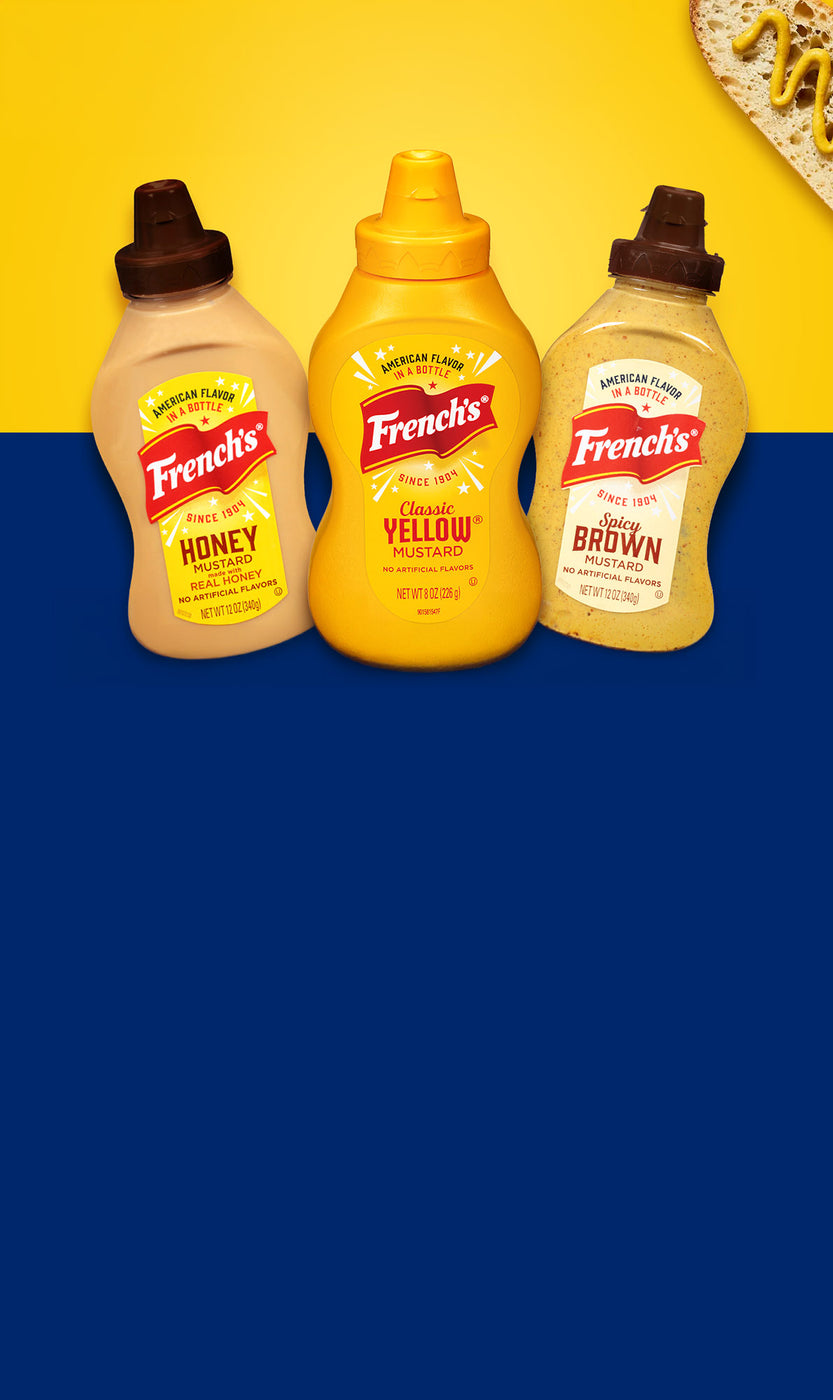 Three bottles of French’s Honey Mustard, Classic Yellow Mustard, and Spicy Brown Mustard.