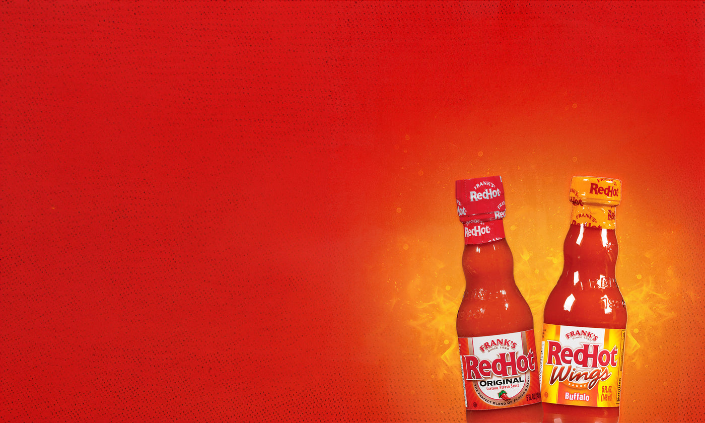 Frank’s RedHot Original and Buffalo Wings hot sauces on a fiery red background.